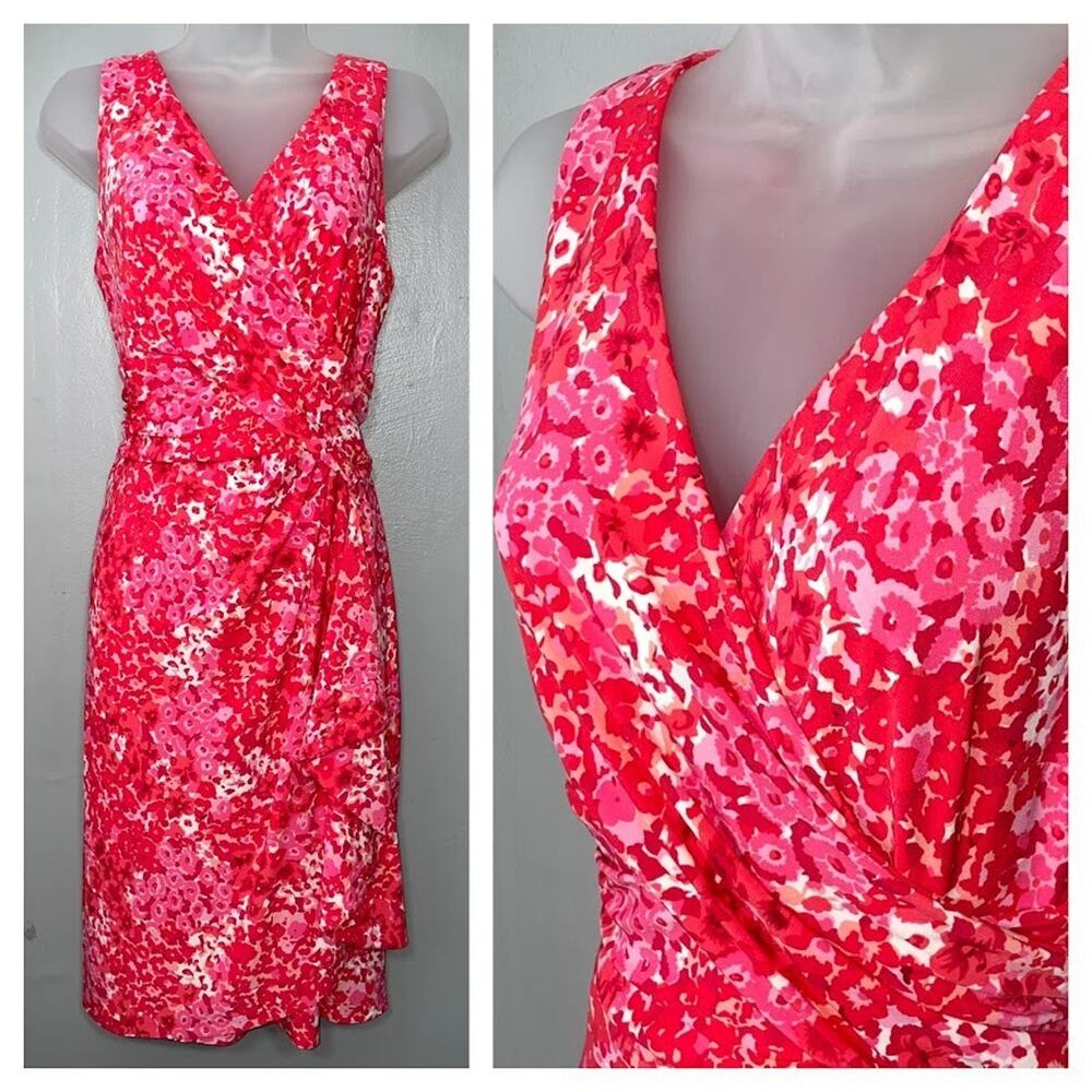 Chaps Size Large Sleeveless Dress Faux Wrap Stretch Chic Preppy Surplice Vibrant